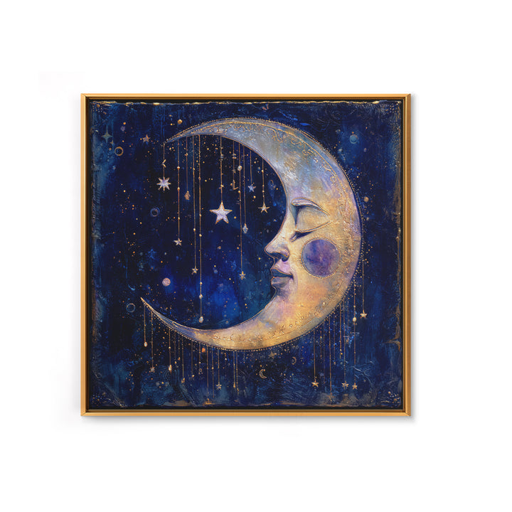Moon with Sleeping Face and Dangling Stars Framed Canvas Print, Whimsical Art, Printable Art, Living Room Decor, Wonder, WHI-1x1-16