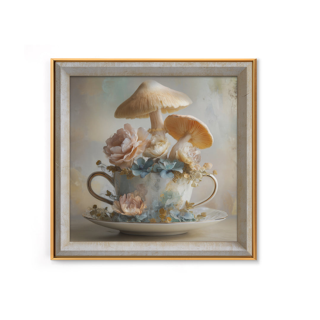 Teacup Garden with Tiny Mushrooms Framed Canvas Print, Whimsical Art, Printable Wall Art, Living Room Decor, Fine Art, Wonder, WHI-1x1-28