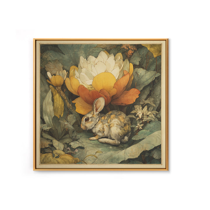 Rabbit Reading Beneath a Giant Flower Framed Canvas Print, Whimsical Art, Textured Painting, Living Room Decor, Wonder, WHI-1x1-29