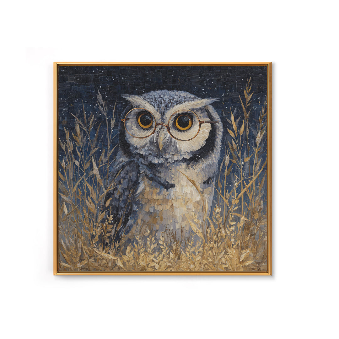 Owl Wearing Spectacles Among Stars Canvas Print, Whimsical Art, Nursery Prints, Living Room Decor, Oil Painting, Wonder, WHI-1x1-30