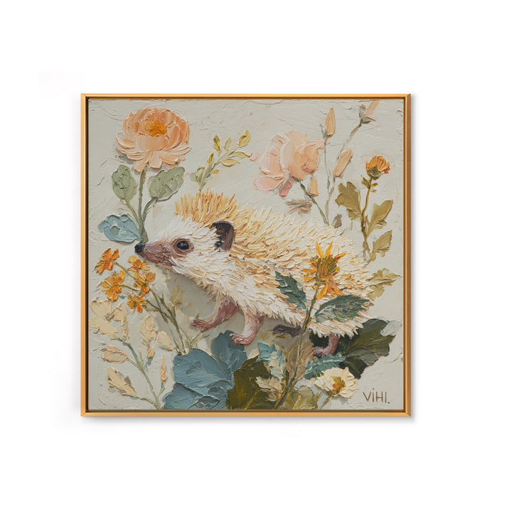 Hedgehog Carrying Wildflowers Framed Canvas Print, Whimsical Art, Dark Academia Decor, Living Room Decor, Fine Art, Wonder, WHI-1x1-39