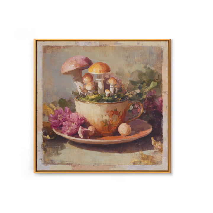 Teacup Garden with Tiny Mushrooms Canvas Print, Whimsical Art, Home Decor, Living Room Decor, Fine Art, Wonder, Digital Print, WHI-1x1-4