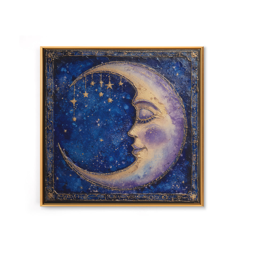 Moon with Sleeping Face and Dangling Stars Framed Canvas Print, Whimsical Art, Room Decor, Living Room Decor, Oil Painting, WHI-1x1-40