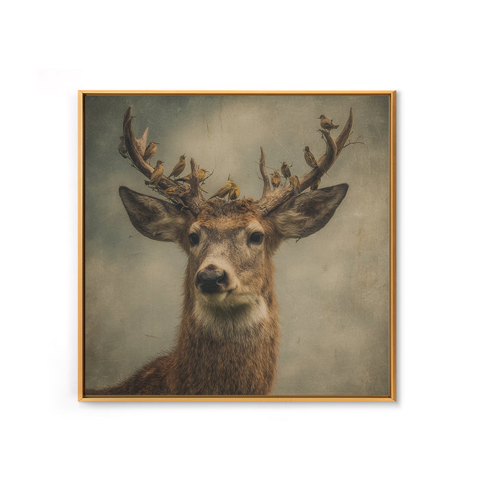 Deer with Antlers Full of Birds Framed Canvas Print, Whimsical Art, Dopamine Decor, Living Room Decor, Oil Painting, Wonder, WHI-1x1-43