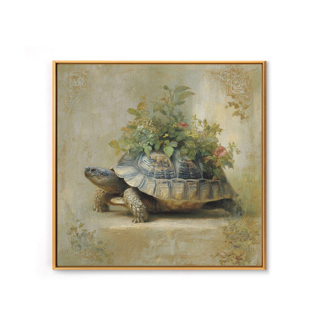 Turtle with Garden Growing on Shell Framed Canvas Print, Whimsical Art, Nursery Art, Living Room Decor, Oil Painting, Wonder, WHI-1x1-46
