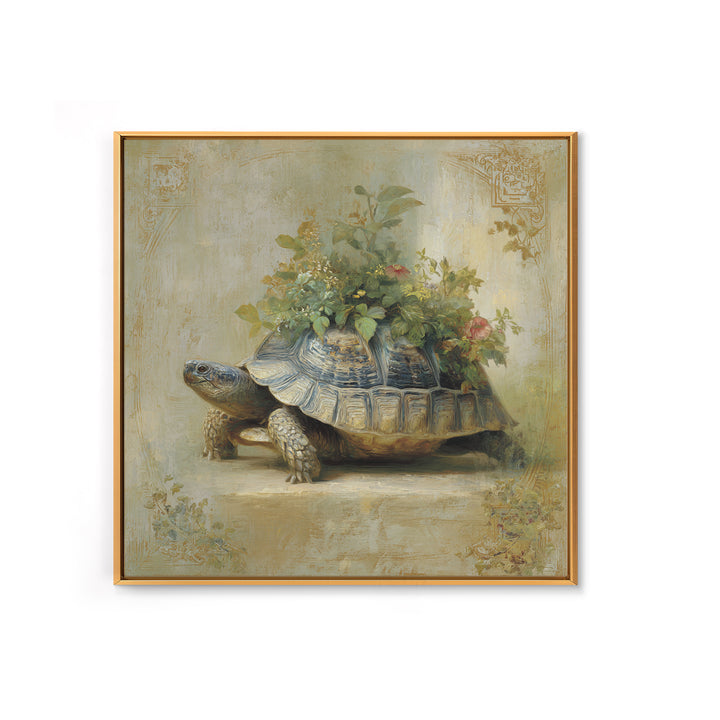 Turtle with Garden Growing on Shell Framed Canvas Print, Whimsical Art, Nursery Art, Living Room Decor, Oil Painting, Wonder, WHI-1x1-46