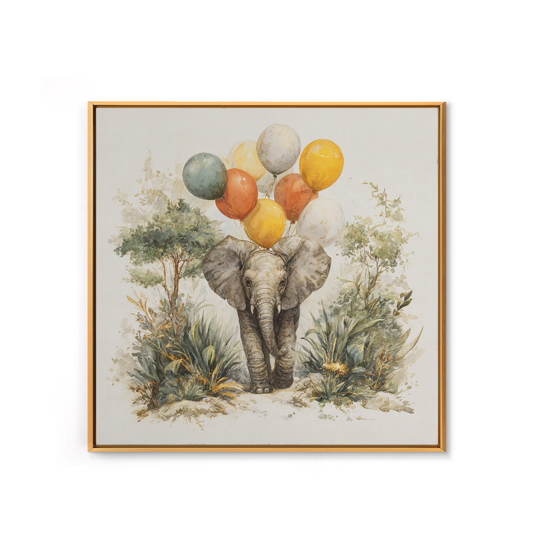 Elephant Holding Balloons Framed Canvas Print, Whimsical Art, Nursery Prints, Living Room Decor, Oil Painting, Wonder, WHI-1x1-51