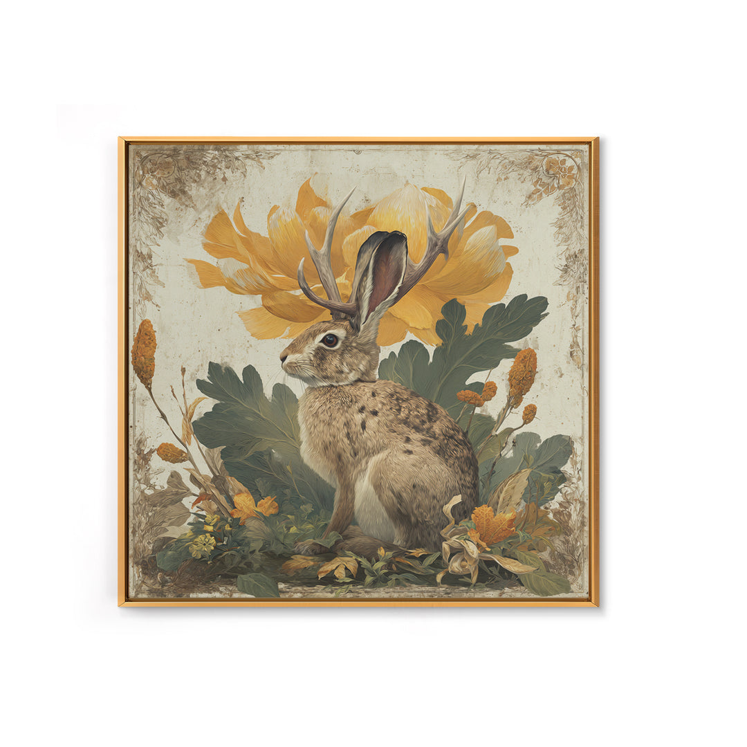 Rabbit Reading Beneath a Giant Flower Framed Canvas Print, Whimsical Art, Textured Painting, Living Room Decor, Wonder, WHI-1x1-53