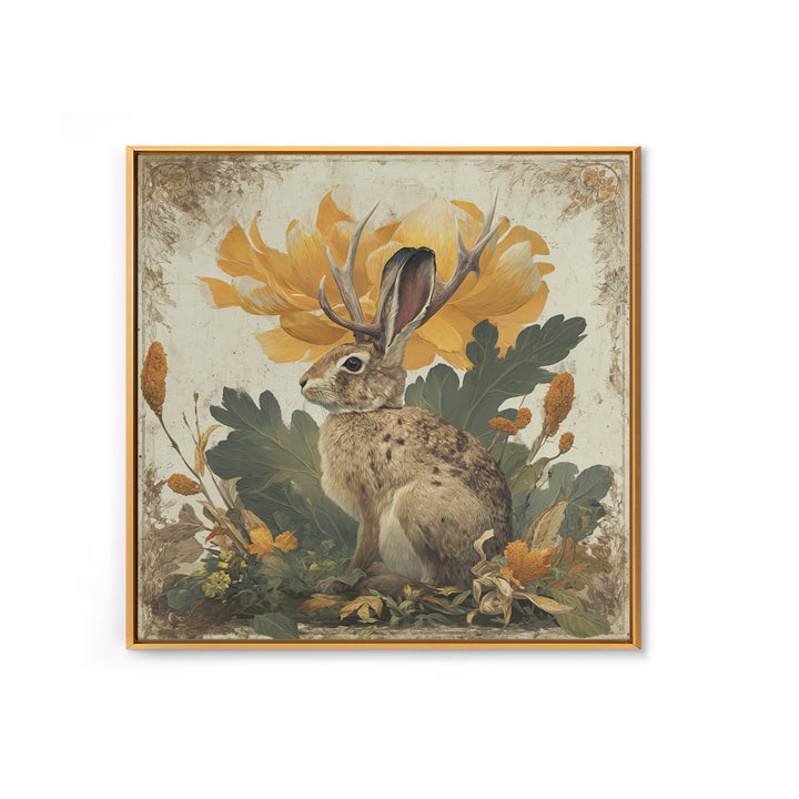 Rabbit Reading Beneath a Giant Flower Framed Canvas Print, Whimsical Art, Textured Painting, Living Room Decor, Wonder, WHI-1x1-53