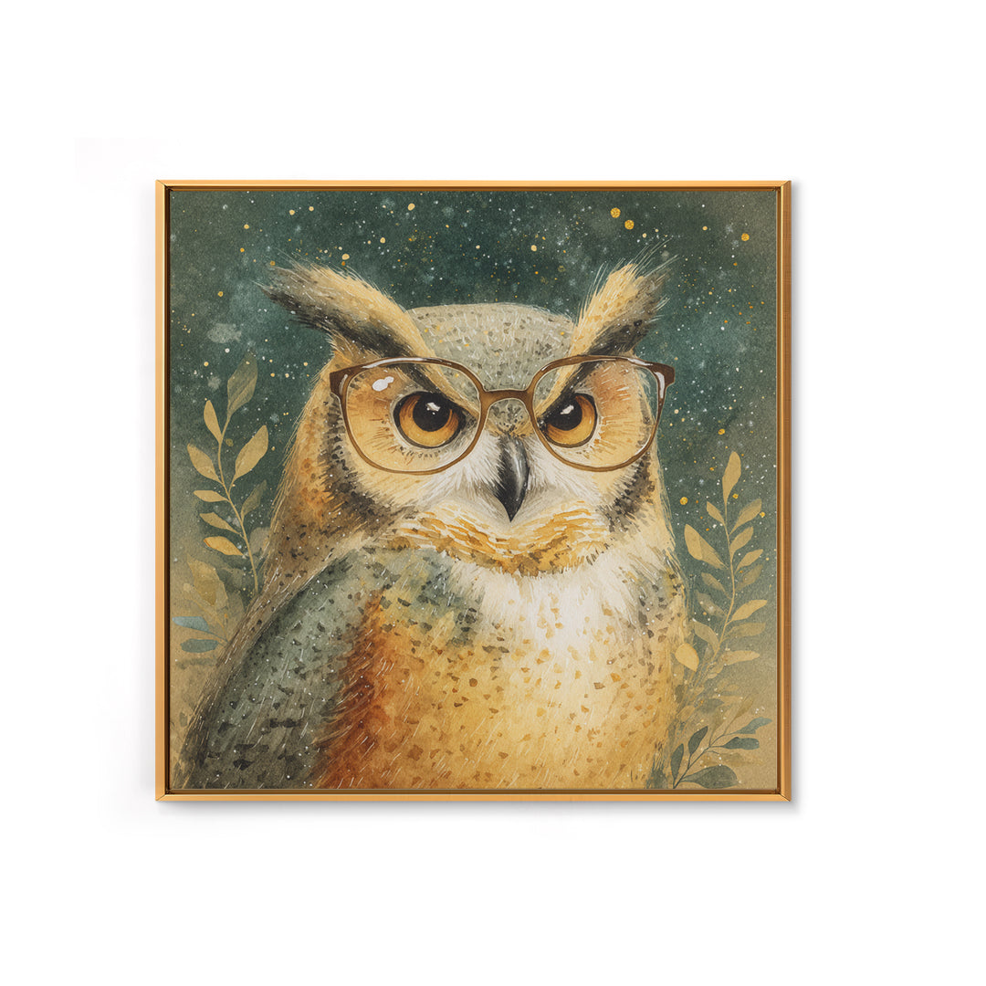 Owl Wearing Spectacles Among Stars Canvas Print, Whimsical Art, Nursery Prints, Living Room Decor, Oil Painting, Wonder, WHI-1x1-54