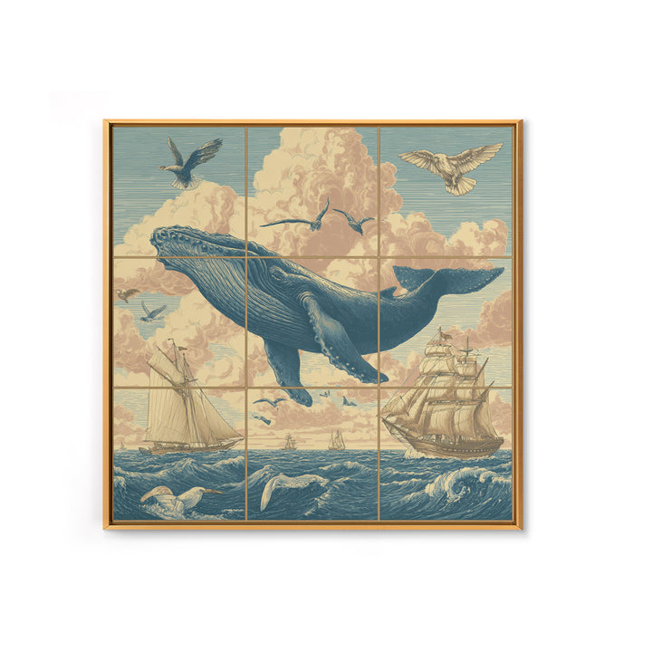 Whale Flying Through Clouds Like Ocean Framed Canvas Print, Whimsical Art, Boho Decor, Living Room Decor, Fine Art, Wonder, WHI-1x1-61