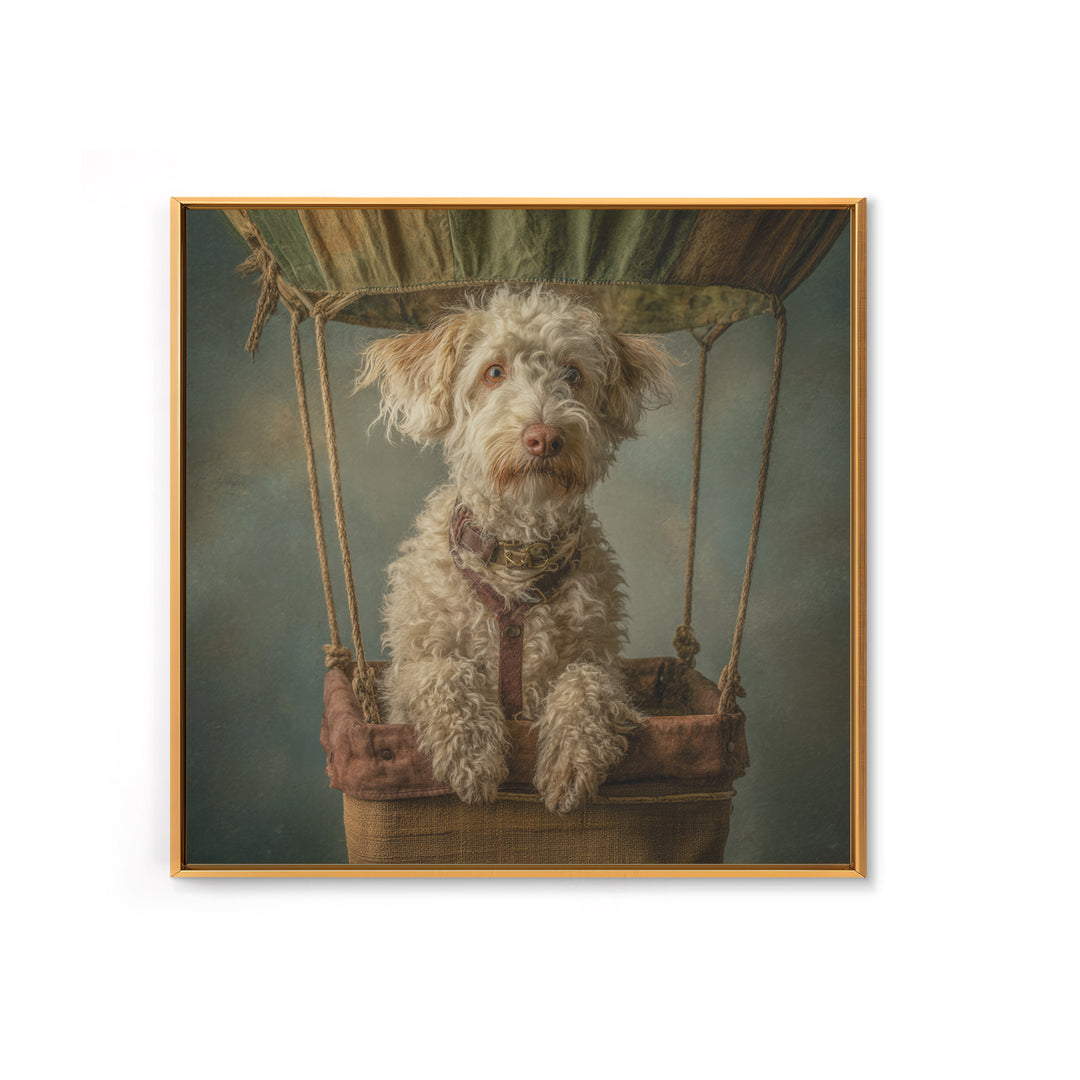 Dog in a Hot Air Balloon Framed Canvas Print, Whimsical Art, Gallery Decor, Living Room Decor, Fine Art, Wonder, Wall Art, WHI-1x1-62
