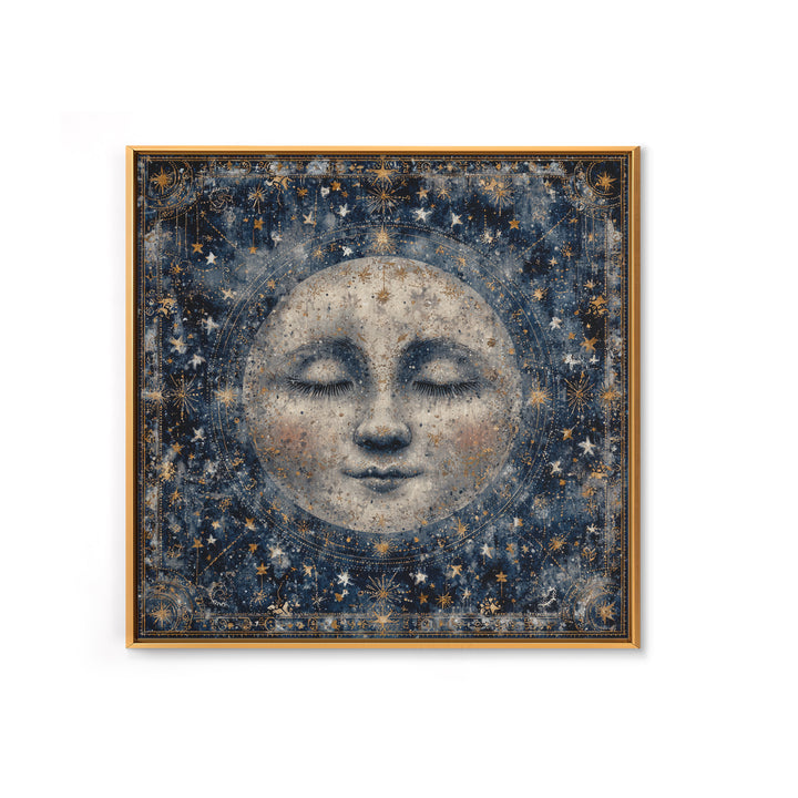 Moon with Sleeping Face and Dangling Stars Framed Canvas Print, Whimsical Art, Living Room Decor, Wonder, Gallery Decor, WHI-1x1-64