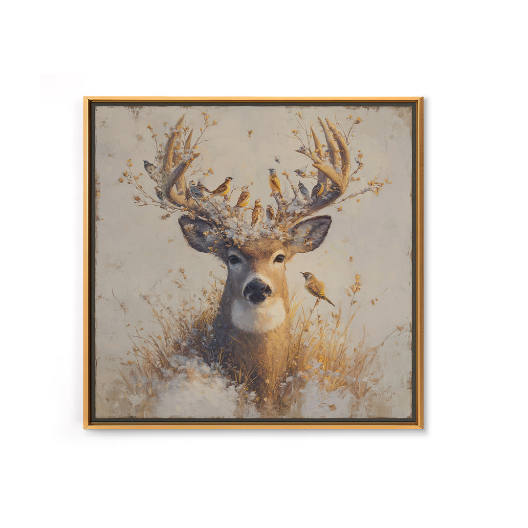 Deer with Antlers Full of Birds Framed Canvas Print, Whimsical Art, Modern Decor, Living Room Decor, Fine Art, Wonder, WHI-1x1-67