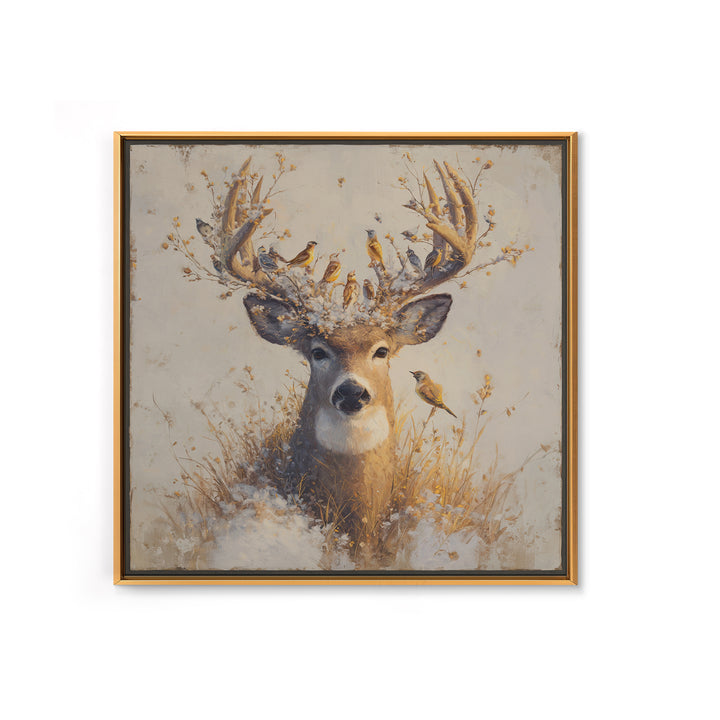 Deer with Antlers Full of Birds Framed Canvas Print, Whimsical Art, Modern Decor, Living Room Decor, Fine Art, Wonder, WHI-1x1-67