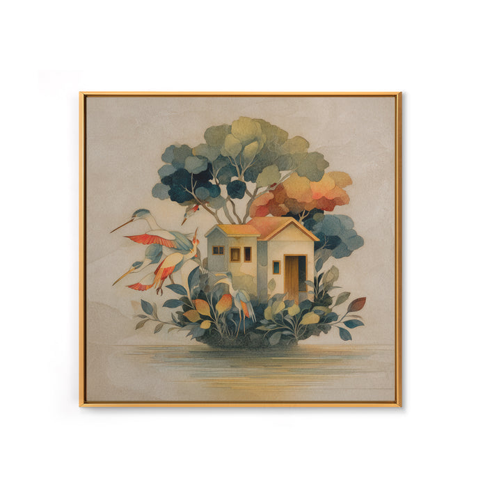Floating House Carried by Colorful Birds Framed Canvas Print, Whimsical Art, Framed Wall Art, Living Room Decor, Wonder, WHI-1x1-7