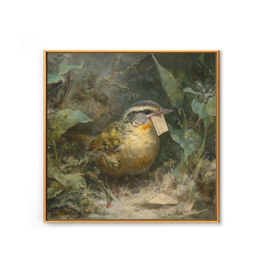 Bird Delivering a Tiny Love Letter Framed Canvas Print, Whimsical Art, Cat Art, Living Room Decor, Fine Art, Wonder, WHI-1x1-71