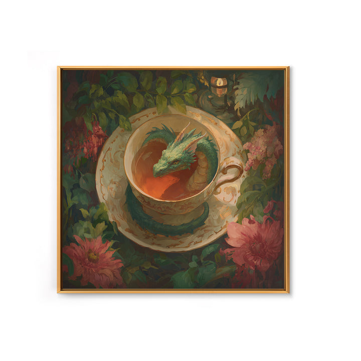 Dragon Curled Around a Teacup Framed Canvas Print, Whimsical Art, Bird Art, Living Room Decor, Abstract Art, Wonder, WHI-1x1-72