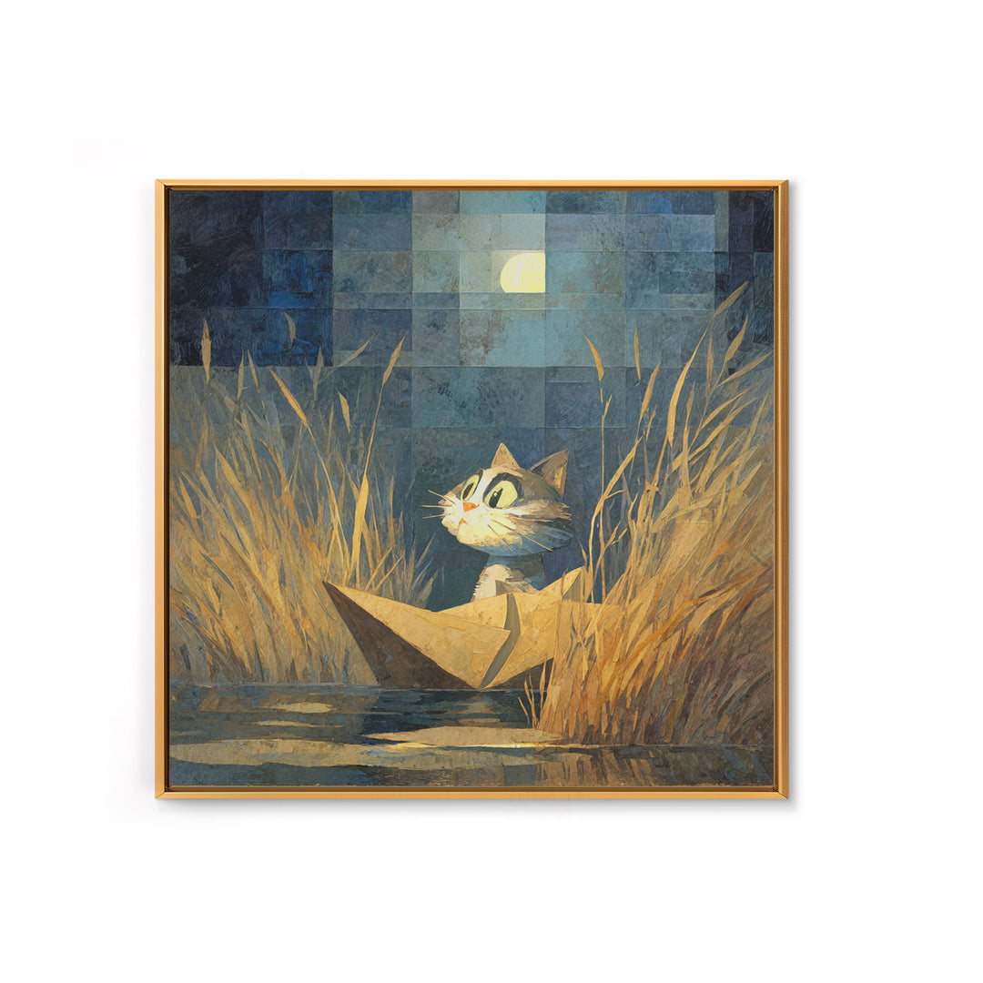 Cat Sailing a Paper Boat Framed Canvas Print, Whimsical Art, Fine Art Print, Living Room Decor, Fine Art, Wonder, Prints, WHI-1x1-74