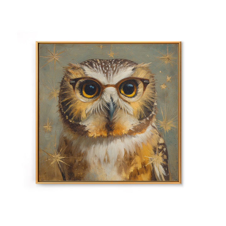 Owl Wearing Spectacles Among Stars Framed Canvas Print, Whimsical Art, Statement Artwork, Living Room Decor, Fine Art, Wonder, WHI-1x1-78