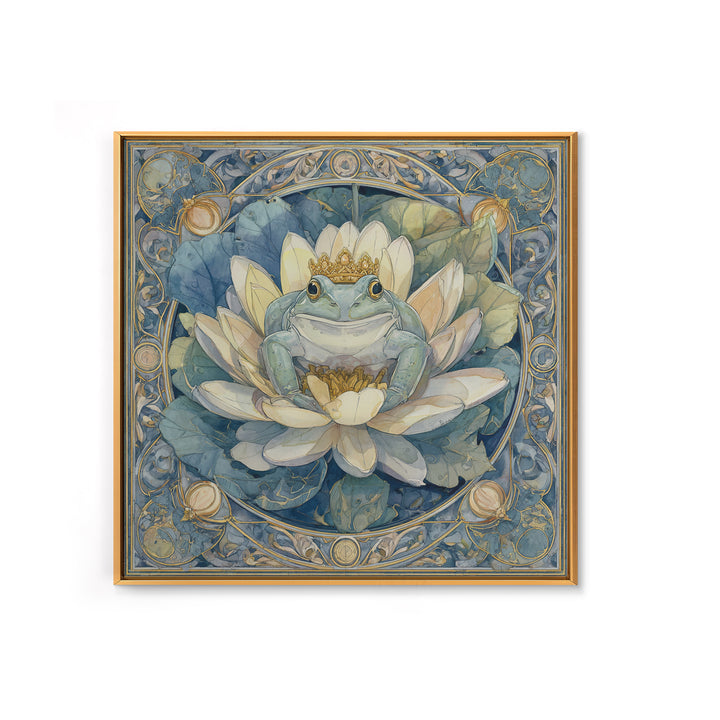 Frog Prince on a Lily Pad Framed Canvas Print, Whimsical Art, Oil Painting, Living Room Decor, Wonder, Dark Academia Decor, WHI-1x1-8