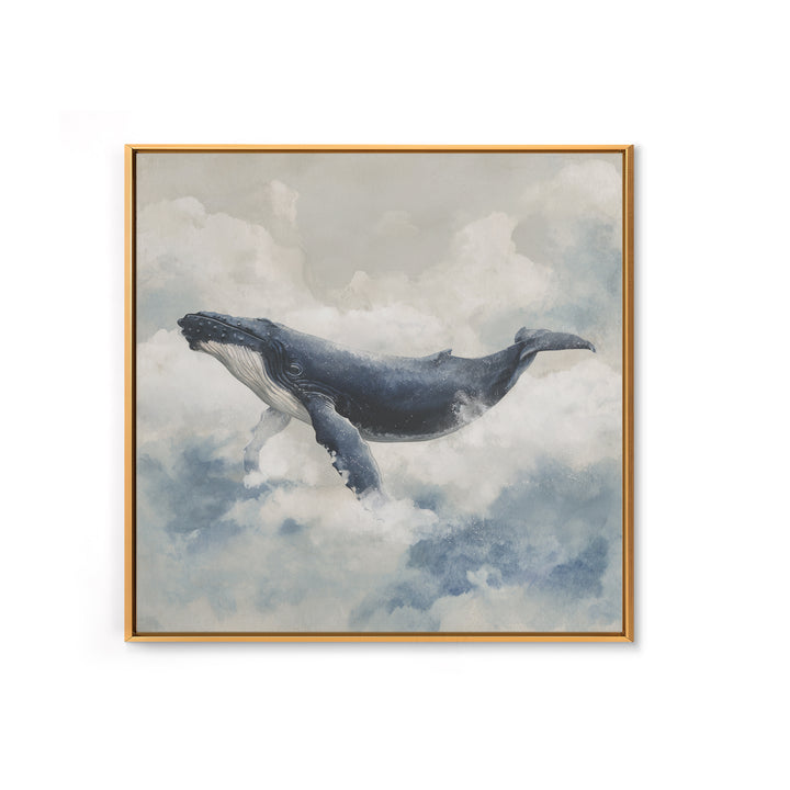 Whale Flying Through Clouds Like Ocean Canvas Print, Whimsical Art, Minimalist Decor, Living Room Decor, Oil Painting, Wonder, WHI-1x1-85