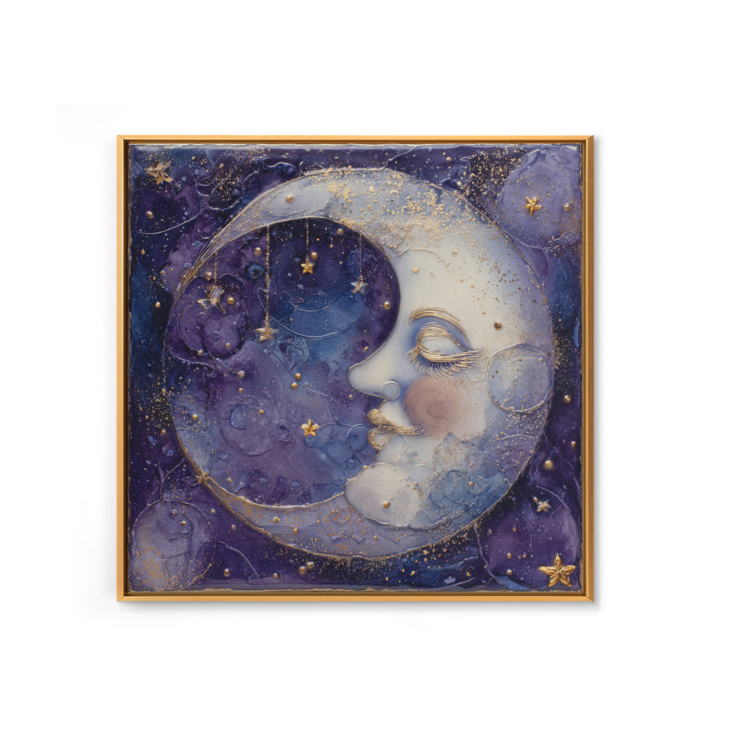 Moon with Sleeping Face and Dangling Stars Framed Canvas Print, Whimsical Art, Minimalist Decor, Living Room Decor, Wonder, WHI-1x1-88