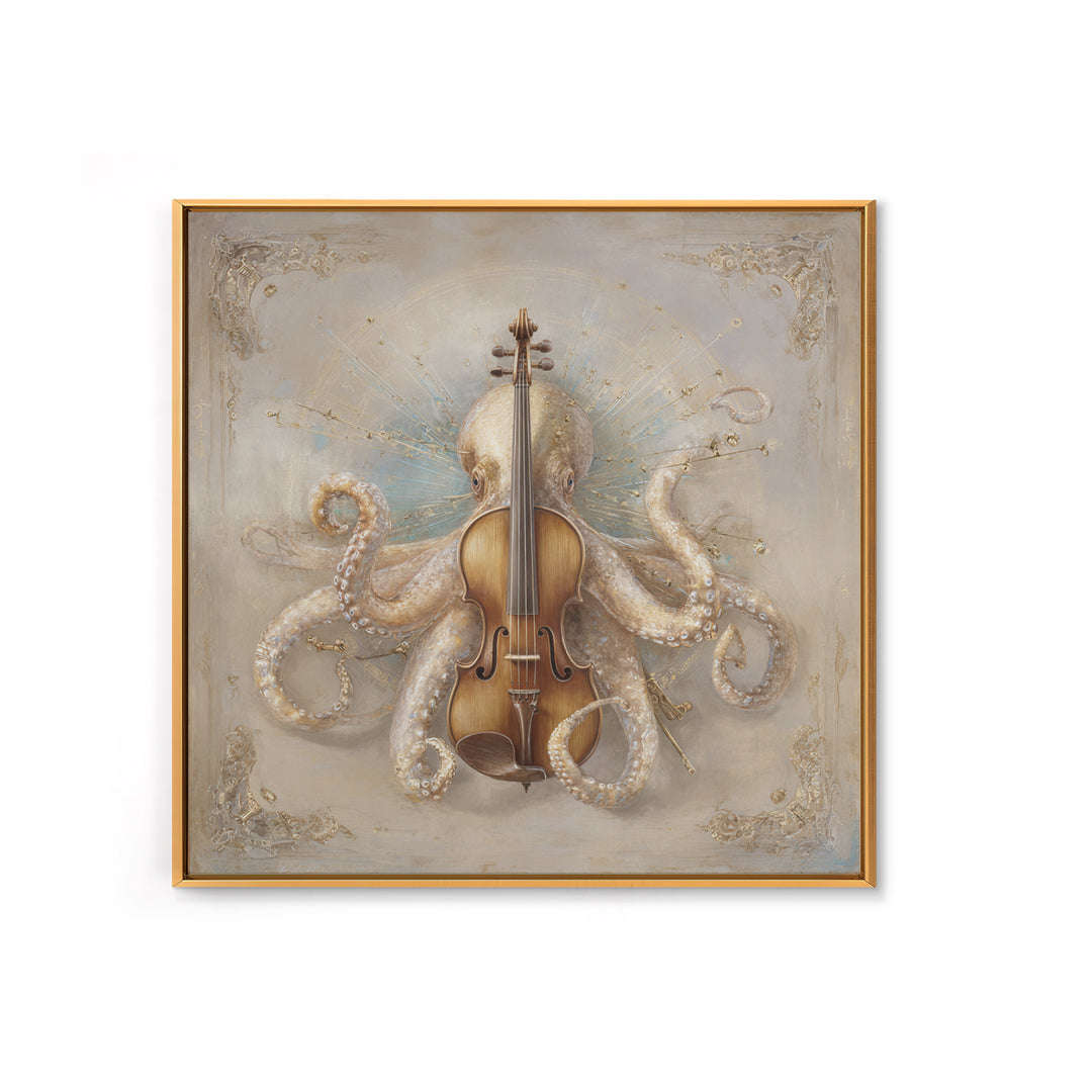 Octopus Conductor with Tiny Instruments Canvas Print, Whimsical Art, Neutral Decor, Living Room Decor, Fine Art, Wonder, WHI-1x1-90