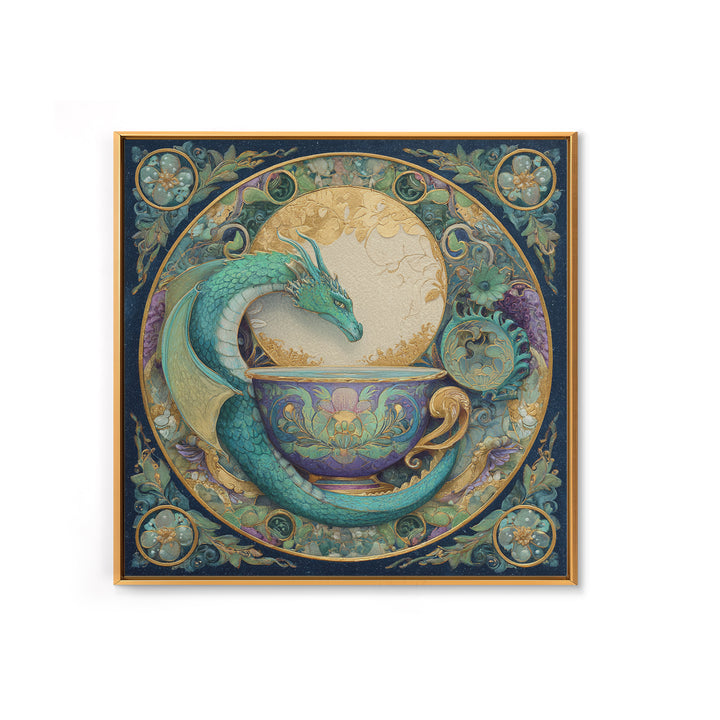 Dragon Curled Around a Teacup Framed Canvas Print, Whimsical Art, Pet Portrait, Living Room Decor, Wonder, Abstract Wall Art, WHI-1x1-96