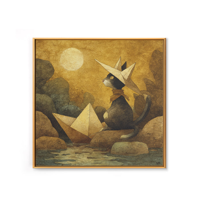 Cat Sailing a Paper Boat Canvas Print, Whimsical Art, Textured Painting, Living Room Decor, Fine Art, Wonder, Nursery Decor, WHI-1x1-98
