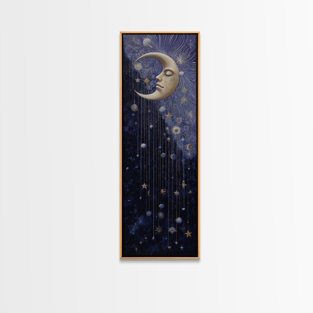 Moon with Sleeping Face and Dangling Stars Canvas Print, Whimsical Art, Nursery Art, Living Room Decor, Fine Art, Wonder, WHI-1x3-100