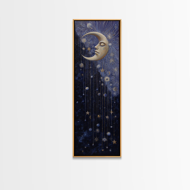 Moon with Sleeping Face and Dangling Stars Canvas Print, Whimsical Art, Nursery Art, Living Room Decor, Fine Art, Wonder, WHI-1x3-100