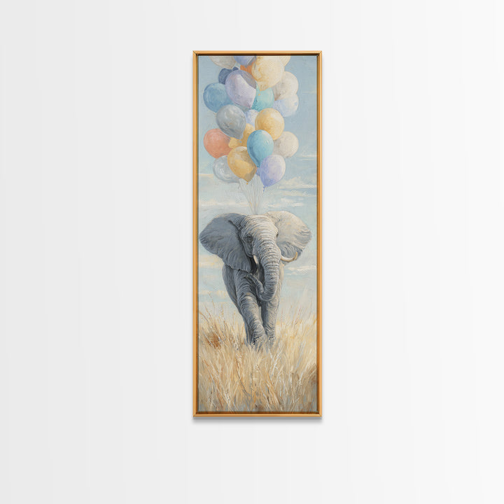 Elephant Holding Balloons Framed Canvas Print, Whimsical Art, Art Nouveau, Living Room Decor, Abstract Art, Wonder, WHI-1x3-15