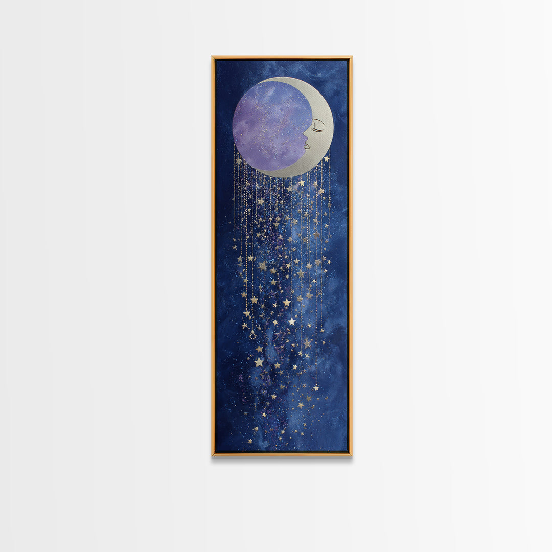 Moon with Sleeping Face and Dangling Stars Canvas Print, Whimsical Art, Art Print, Living Room Decor, Fine Art, Wonder, WHI-1x3-28