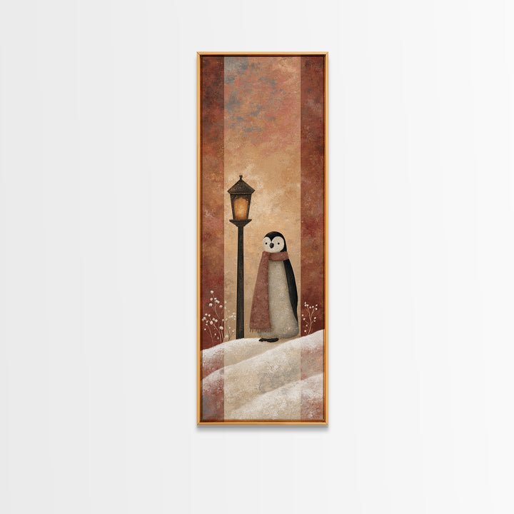 Penguin Holding a Lantern Framed Canvas Print, Whimsical Art, Textured Painting, Living Room Decor, Fine Art, Wonder, WHI-1x3-29