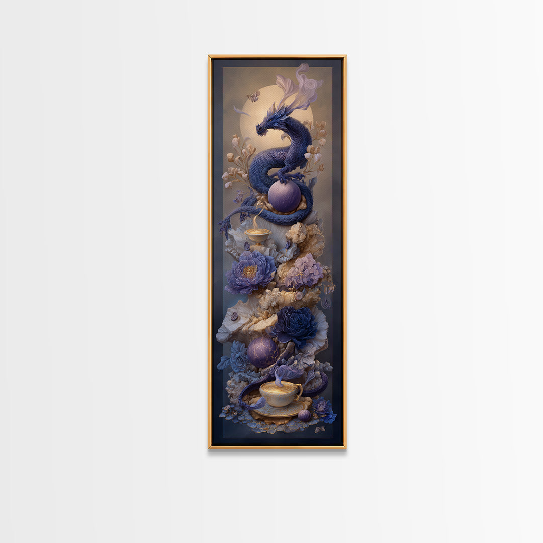 Dragon Curled Around a Teacup Framed Canvas Print, Whimsical Art, Pet Portrait, Living Room Decor, Wonder, Abstract Wall Art, WHI-1x3-36