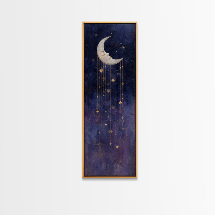 Moon with Sleeping Face and Dangling Stars Framed Canvas Print, Whimsical Art, Minimalist Decor, Living Room Decor, Wonder, WHI-1x3-4