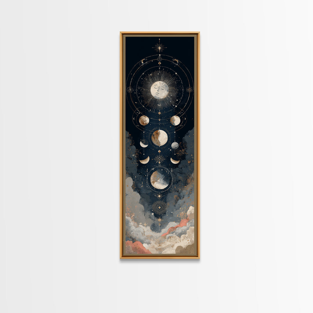Moon with Sleeping Face and Dangling Stars Framed Canvas Print, Whimsical Art, Original Art, Living Room Decor, Oil Painting, WHI-1x3-52