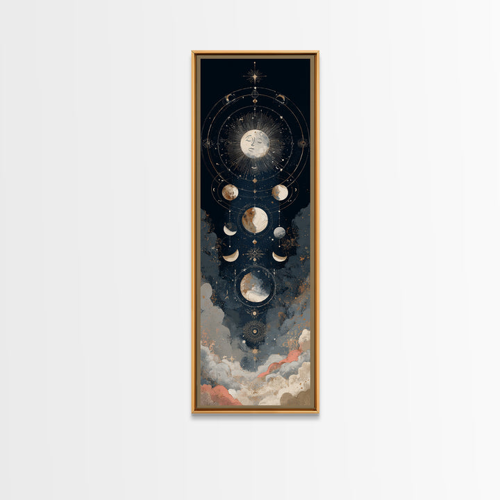 Moon with Sleeping Face and Dangling Stars Framed Canvas Print, Whimsical Art, Original Art, Living Room Decor, Oil Painting, WHI-1x3-52