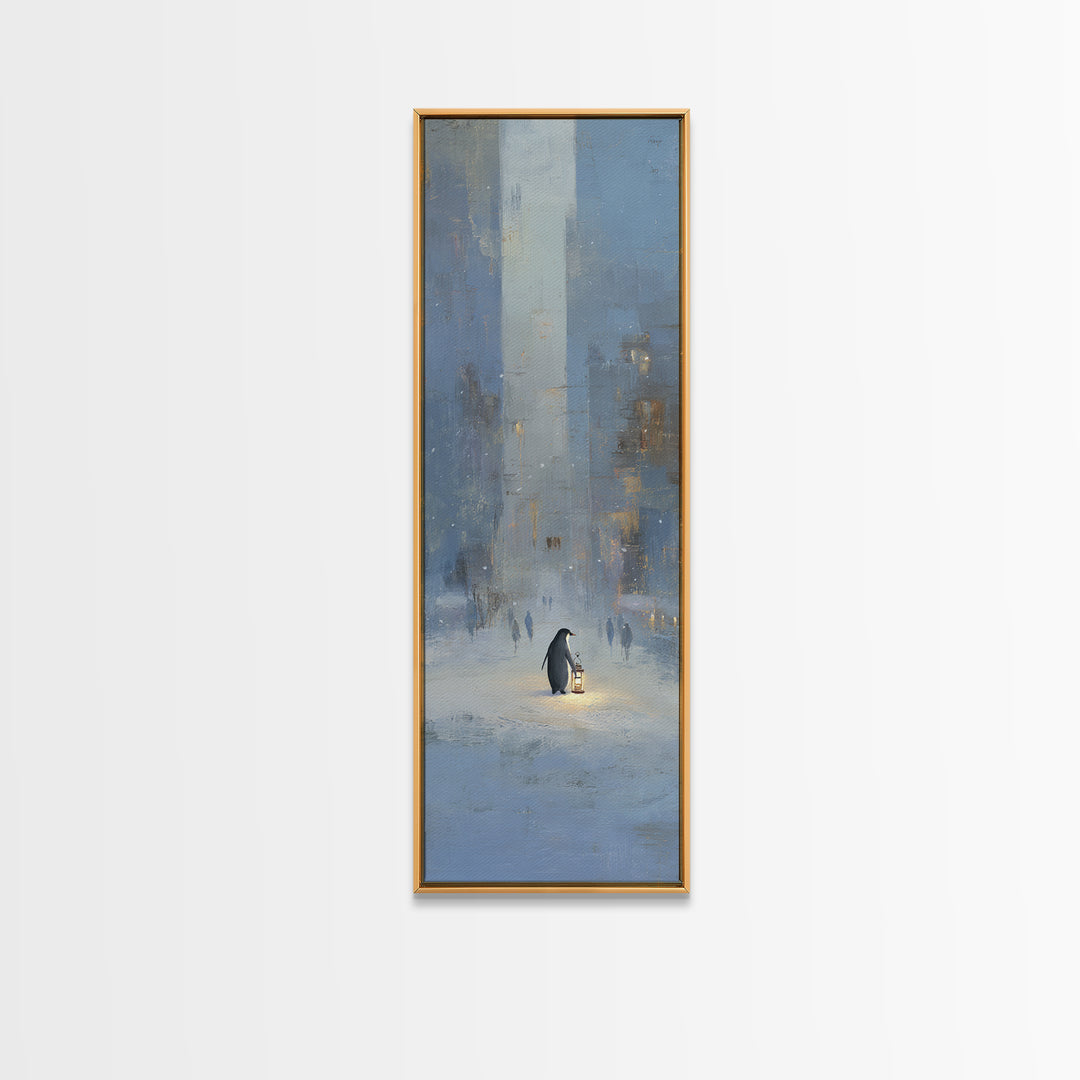 Penguin Holding a Lantern Framed Canvas Print, Whimsical Art, Textured Painting, Living Room Decor, Fine Art, Wonder, WHI-1x3-53