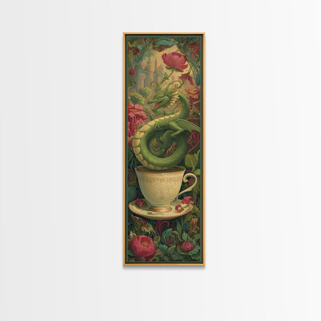 Dragon Curled Around a Teacup Canvas Print, Whimsical Art, Art Nouveau, Living Room Decor, Abstract Art, Wonder, WHI-1x3-60