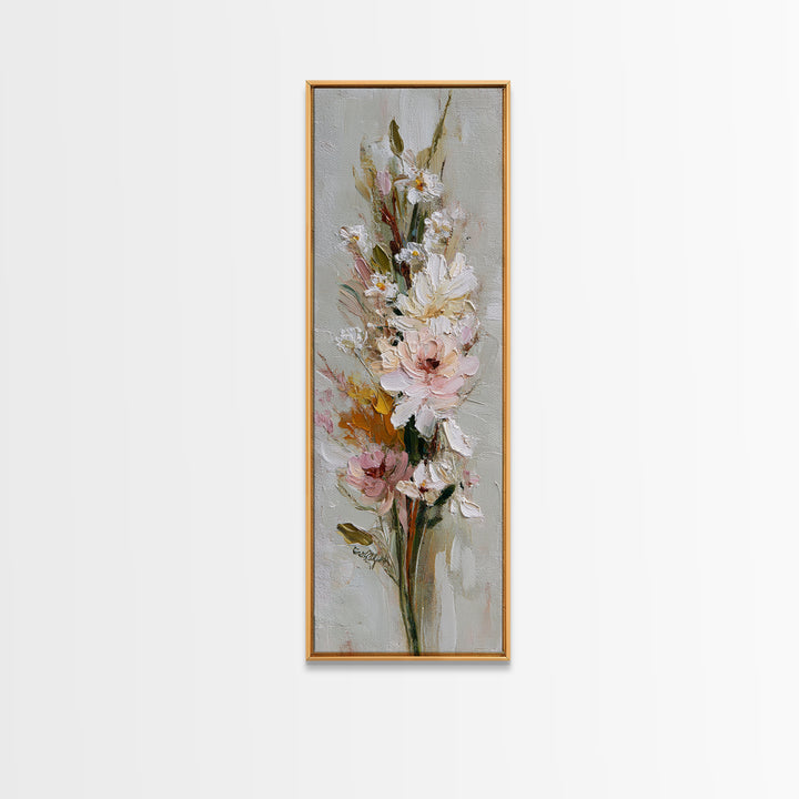 Hedgehog Carrying Wildflowers Framed Canvas Print, Whimsical Art, Neutral Decor, Living Room Decor, Oil Painting, Wonder, WHI-1x3-75