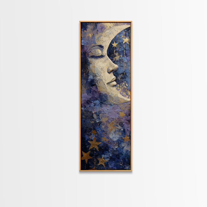 Moon with Sleeping Face and Dangling Stars Framed Canvas Print, Whimsical Art, Dopamine Decor, Living Room Decor, Wonder, WHI-1x3-76