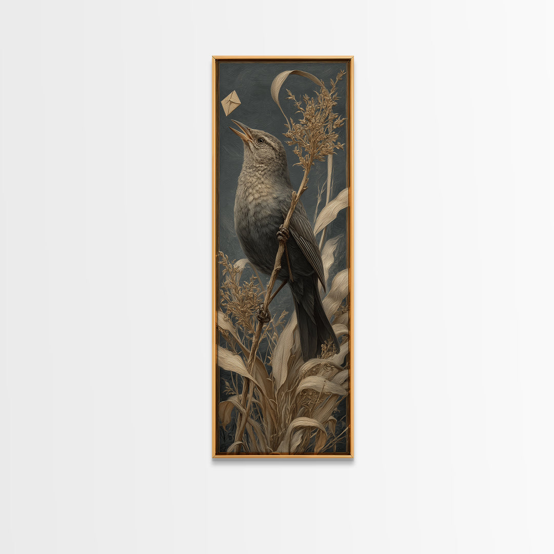 Bird Delivering a Tiny Love Letter Framed Canvas Print, Whimsical Art, Cat Art, Living Room Decor, Fine Art, Wonder, WHI-1x3-83