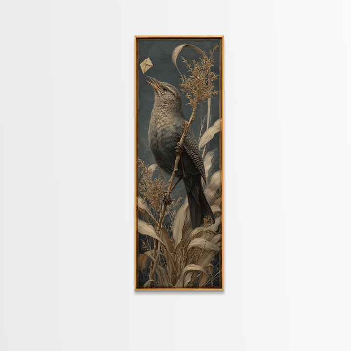 Bird Delivering a Tiny Love Letter Framed Canvas Print, Whimsical Art, Cat Art, Living Room Decor, Fine Art, Wonder, WHI-1x3-83
