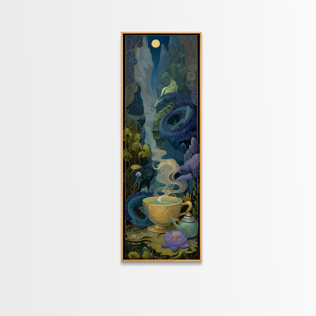 Dragon Curled Around a Teacup Framed Canvas Print, Whimsical Art, Nursery, Living Room Decor, Fine Art, Wonder, Watercolor Art, WHI-1x3-84