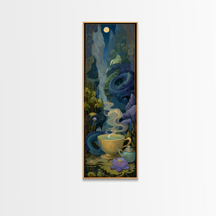 Dragon Curled Around a Teacup Framed Canvas Print, Whimsical Art, Nursery, Living Room Decor, Fine Art, Wonder, Watercolor Art, WHI-1x3-84