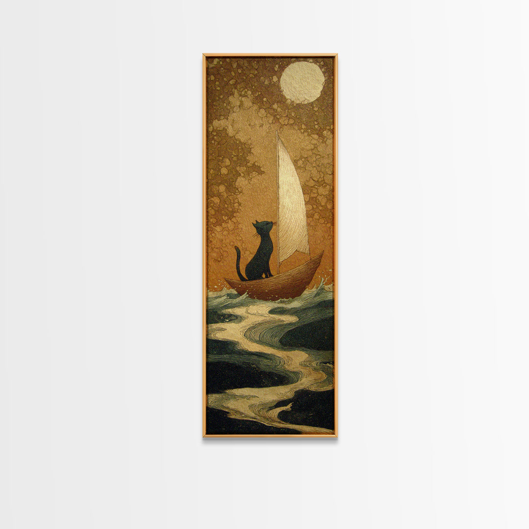 Cat Sailing a Paper Boat Canvas Print, Whimsical Art, Contemporary Art, Living Room Decor, Fine Art, Wonder, Art Nouveau, WHI-1x3-86