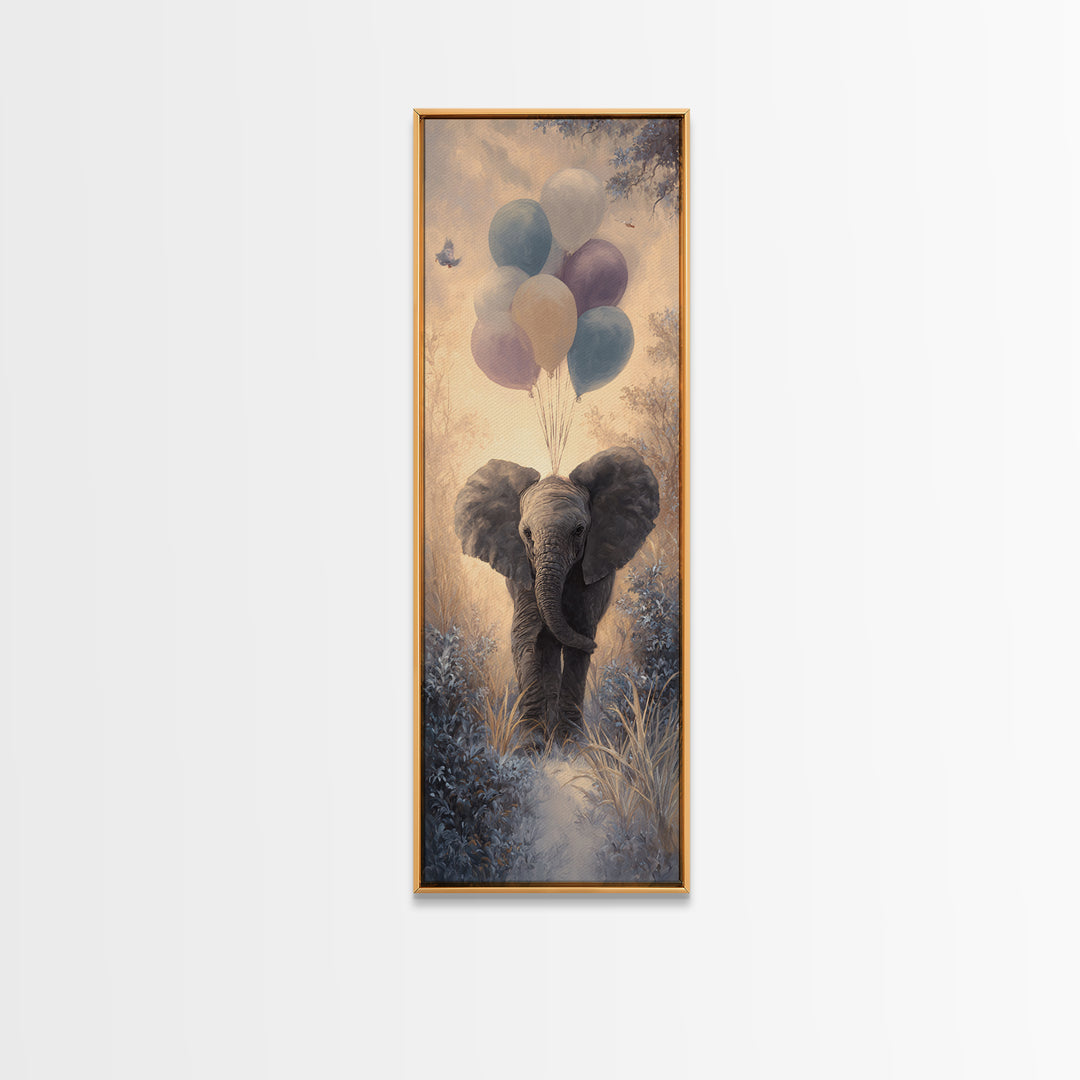 Elephant Holding Balloons Framed Canvas Print, Whimsical Art, Statement Artwork, Living Room Decor, Fine Art, Wonder, WHI-1x3-87