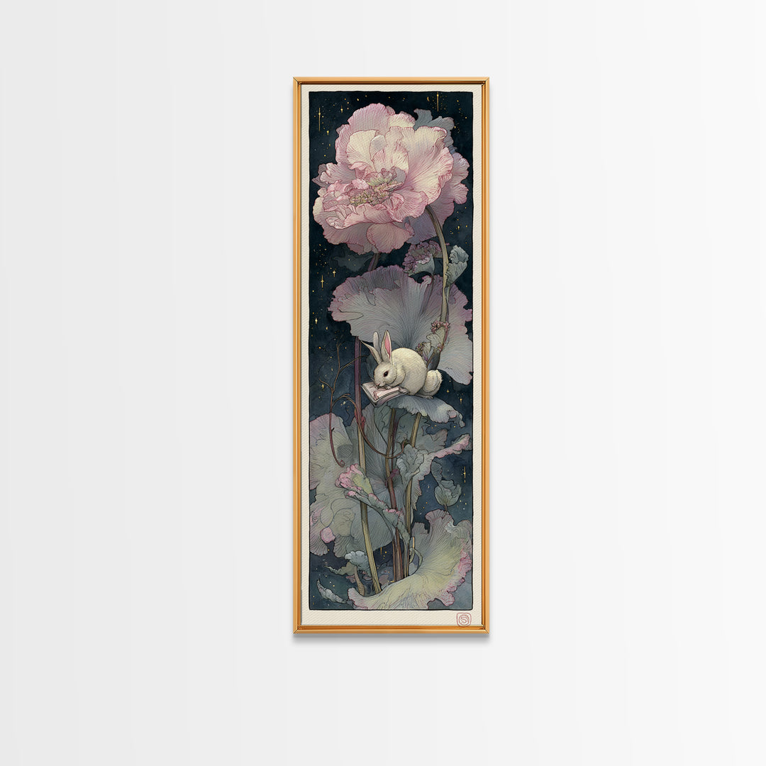 Rabbit Reading Beneath a Giant Flower Canvas Print, Whimsical Art, Cat Art, Living Room Decor, Watercolor Art, Wonder, WHI-1x3-89